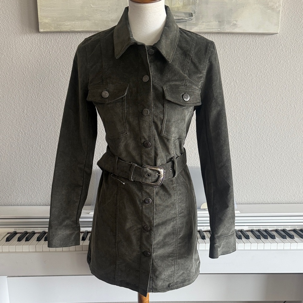 House of Harlow 1960 Olive Green Corduroy Belted Button Front Mini Dress Sz XS